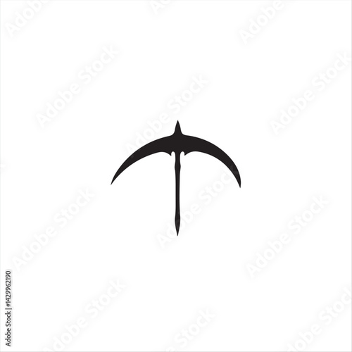 An elegant logo design featuring a black silhouette of a sickle set against a stark white background.  The style should be minimalist, using geometric shapes and clean lines for balance and visual