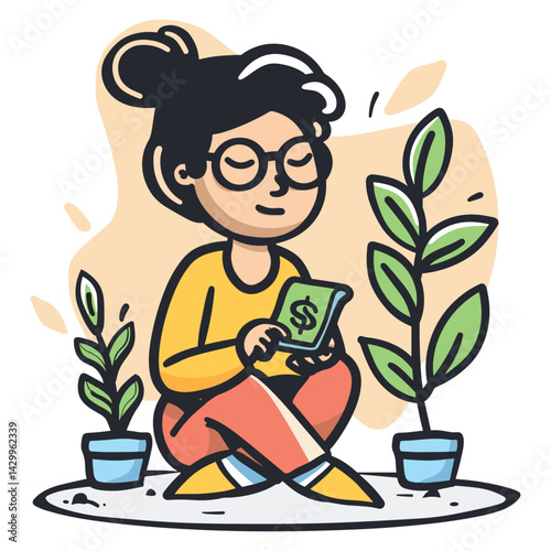 Young Woman with Money and Plants Illustration - Financial and Growth Concept