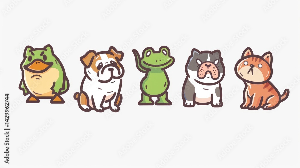 Naklejka premium a sinple logo, that shows a duck, a frog, a cat, a bulldog 