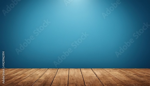 Blue wall with wooden floor background for product mockups and presentation