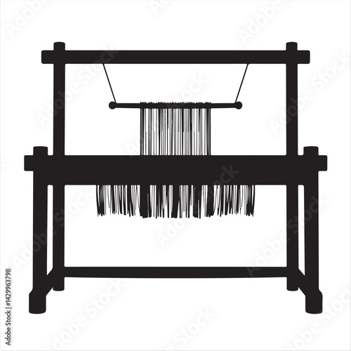 Classic black and white silhouette of a weaving loom on a stark white background, rendered in a flat design style with simple, elegant, two-dimensional shapes