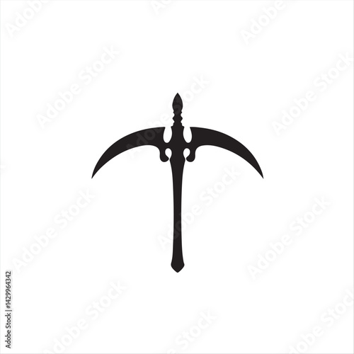 Create a logo a black silhouette of a sickle against a white background.  The design should be geometric, with clean lines and a focus on balance, symmetry, and visual clarity, evoking a timeless
