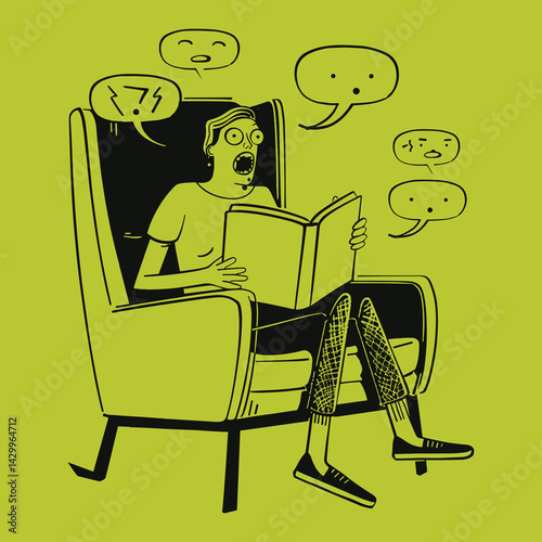 Person reading a scary book, shocked and scared, humorous illustration