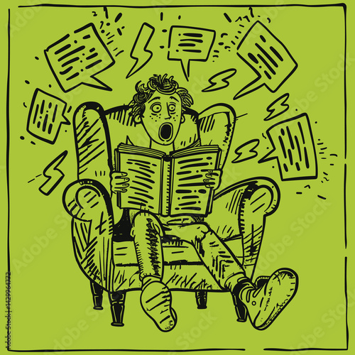 Person reading a scary book, shocked and scared, humorous illustration