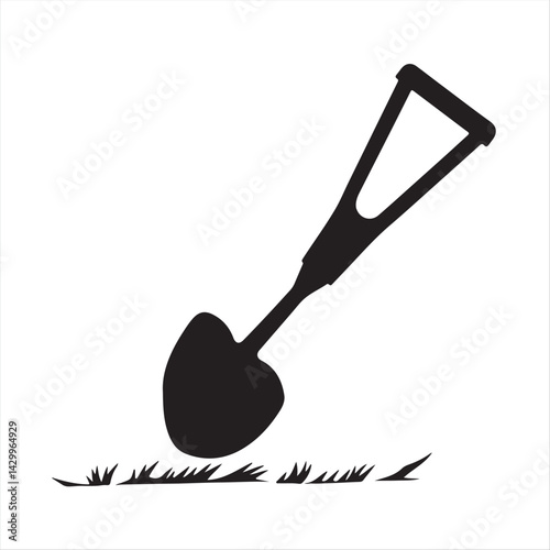 Elegant, simple black and white silhouette of a hand plow in a modern flat design. Two-dimensional shapes against a white background create a timeless aesthetic