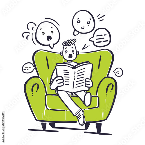 Person reading a scary book, shocked and scared, humorous illustration