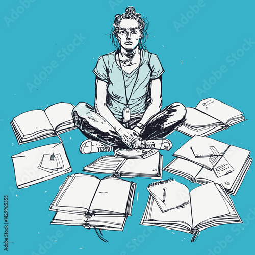 Person Surrounded by Open Books - Studying Illustration