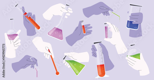Hands conduct scientific experiments with beakers  test tubes