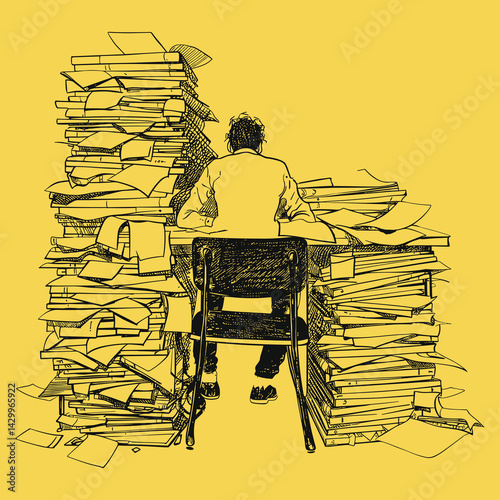 Overwhelmed student buried in books and papers, academic stress illustration