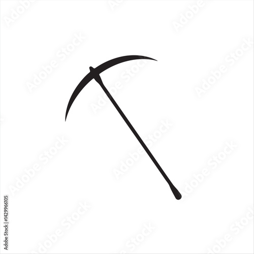 Simple yet elegant black and white silhouette of a sickle against a white background.  Modern flat design aesthetic, featuring a two-dimensional, sharply defined form