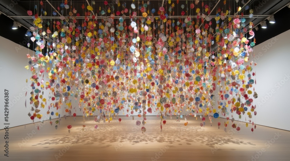 Fototapeta premium Indoor gallery setting, colorful suspended art installation crafted from shredded paper, old magazines, and bottle caps, hanging from ceiling in flowing abstract forms
