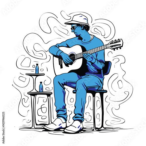 Man playing guitar, relaxed musical expression, artistic illustration
