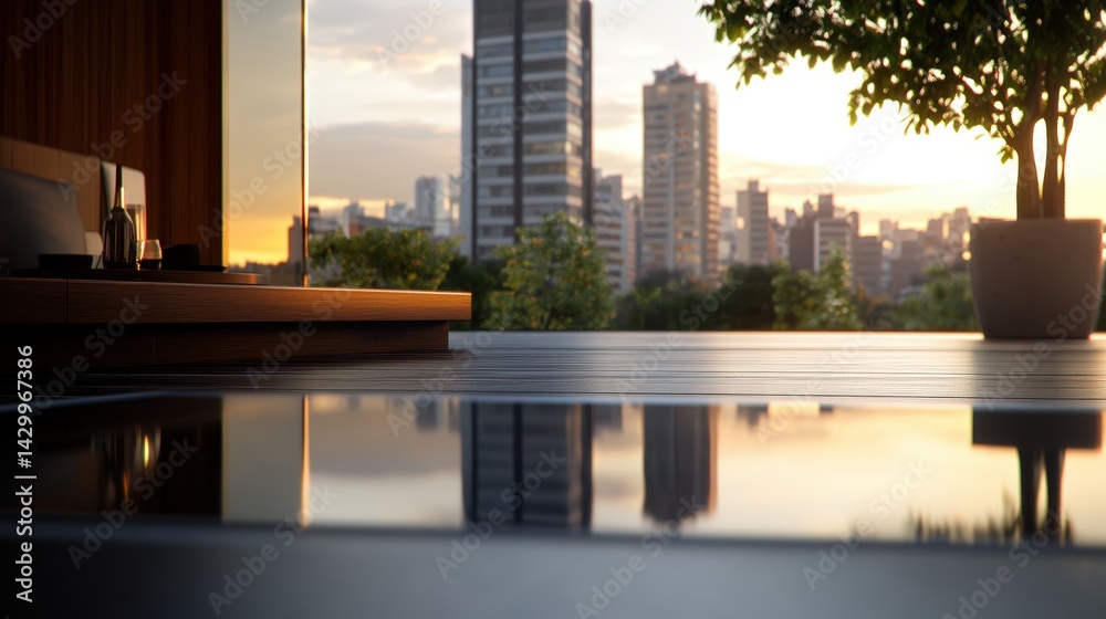 Fototapeta premium Modern city skyline view from luxurious rooftop pool area du sunset with glass buildings and urban greenery in the background