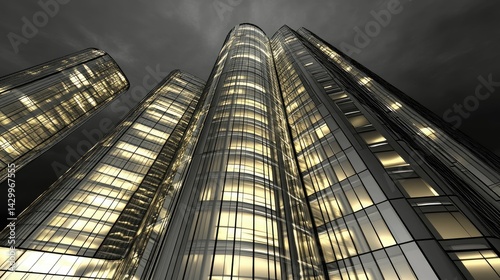 Illuminated skyscrapers pierce a dark, stormy sky. photo