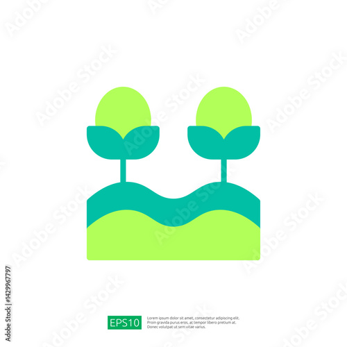 Green Farming Icon Depicting Two Stylized Plants with Leaves on Fertile Soil in a Minimalist Design