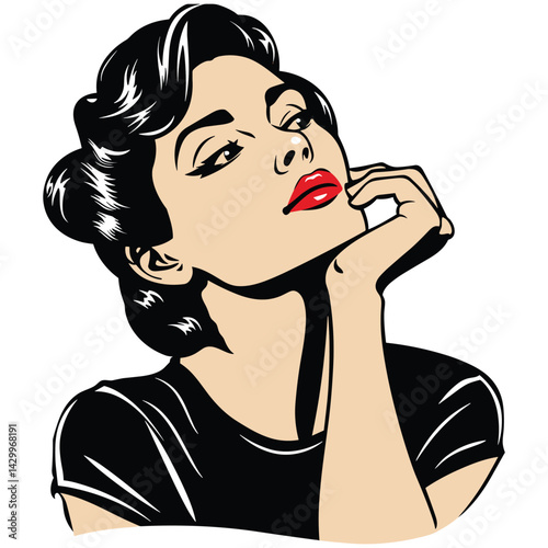 Young woman looking up thoughtfully, pondering, cartoon illustration