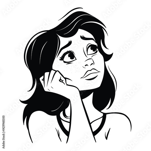 Young woman looking up thoughtfully, pondering, cartoon illustration