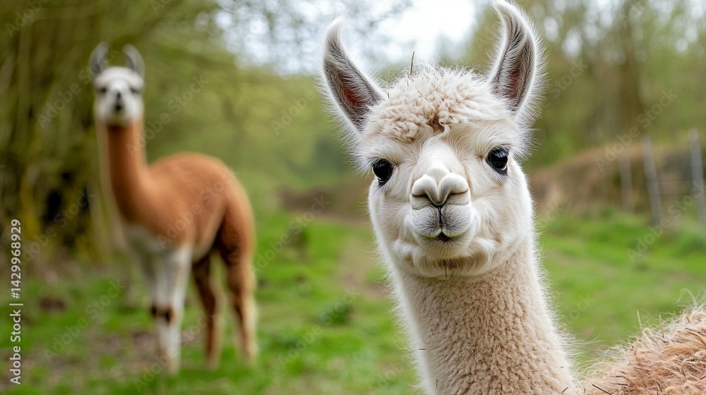 Obraz premium Adorable alpacas in lush pasture high quality stock photo