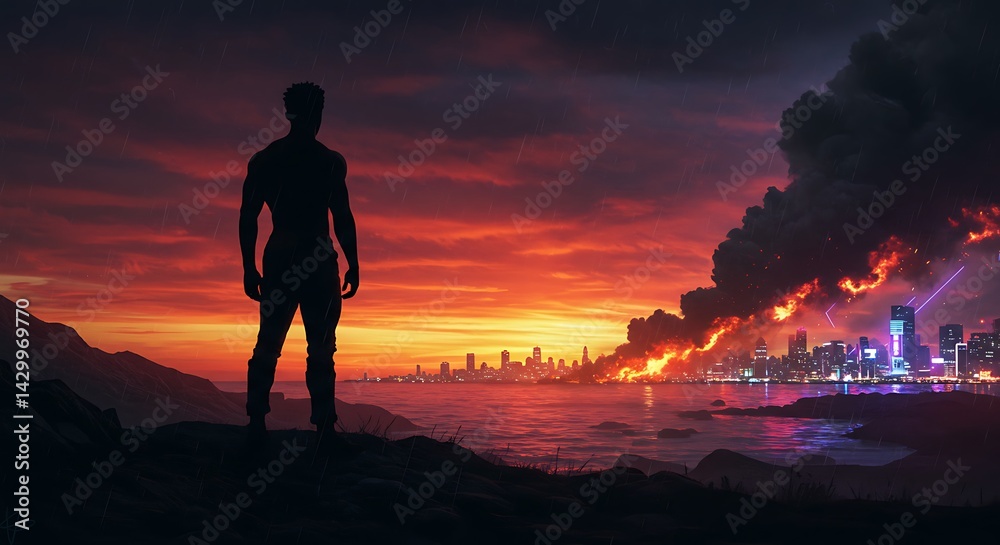 Fototapeta premium Silhouette of a Man Watching a Burning Cityscape at Sunset