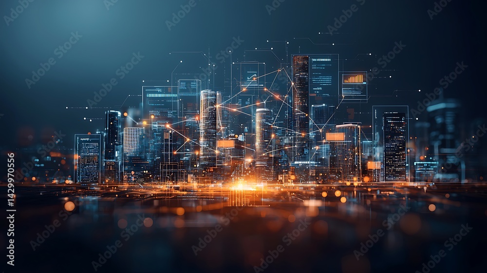 Fototapeta premium Digital city, showcasing interconnected data, light, and skyscrapers, illuminated in blue and orange