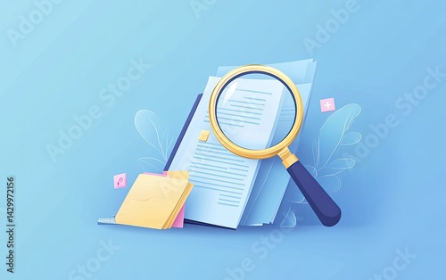 Document search illustration.  Detailed view of documents with a magnifying glass highlighting a section of text.  Organized files and notes