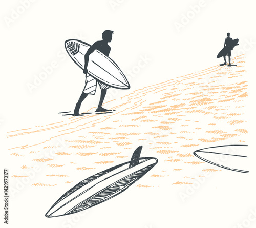 Illustration of a silhouette of a surfer coming out of the water.
