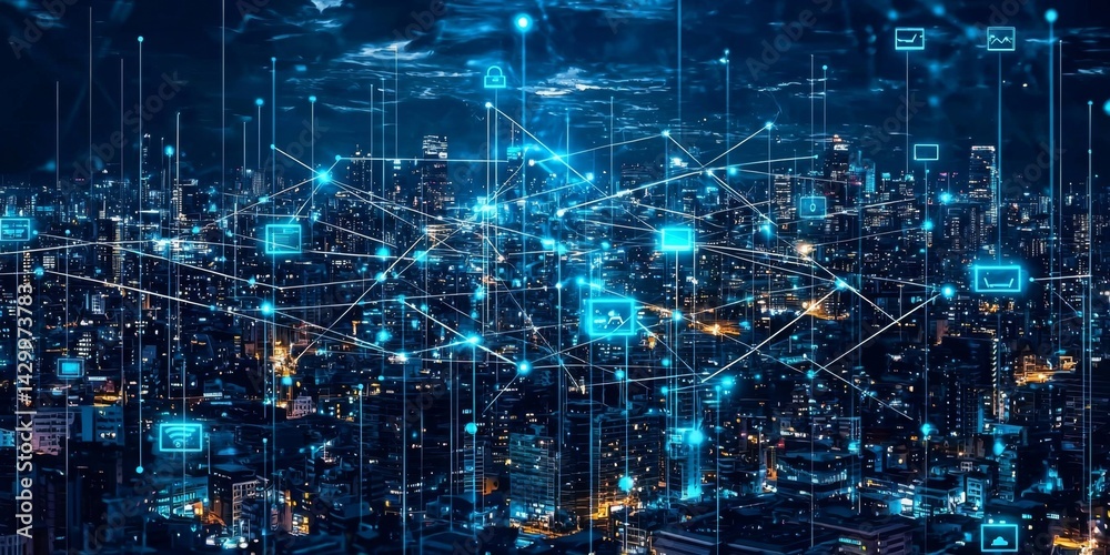 Illustrating the future of urban living with a network of technological communication. 