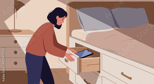 Woman retrieving a tablet from a bedside drawer in a bedroom  