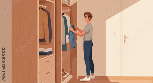 Person organizing clothes in wardrobe in bright room  