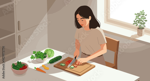 Woman Chopping Vegetables in a Bright Kitchen  