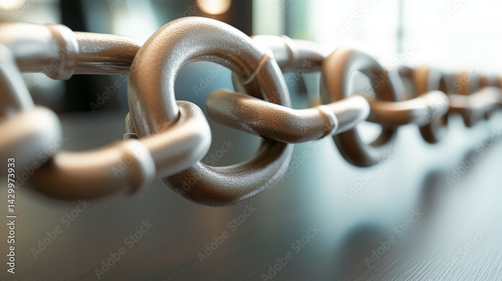 Naklejka premium Close-up of a metal chain with large interconnected links on a smooth surface with natural lighting and a blurred background, illustrating strength and connectivity