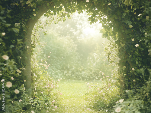 Magical Garden Archway Lush Greenery Blooming Flowers Sunlit Path