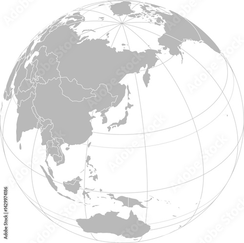 World vector map with country boundaries and graticules (Japan-centered view, orthographic projection, PPT-compatible & fully editable)