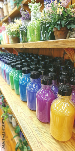  Colorful Bottles on Wooden Shelf in Creative Store Display