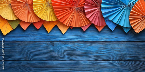  Colorful Paper Fans Against Blue Wooden Background  
