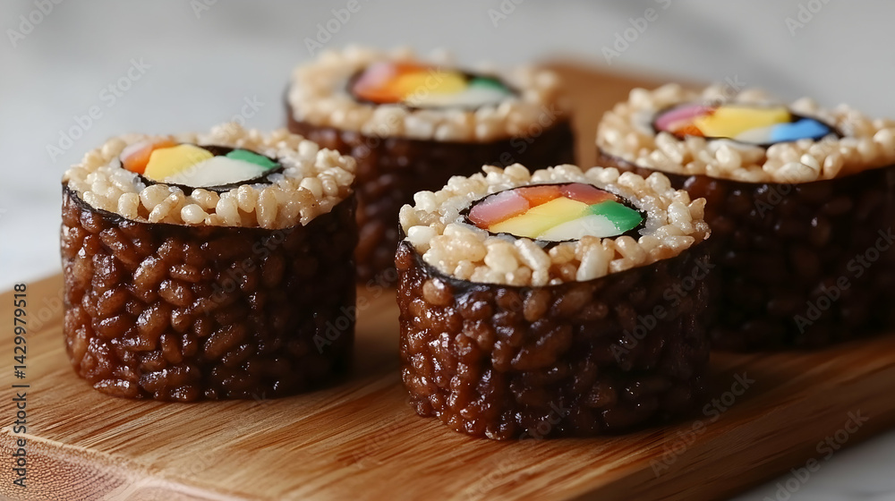 Elevated rice crispy treats arranged artistically on rustic wooden board backdrop Elevated rice crispy treats arranged artistically on rustic wooden board backdrop