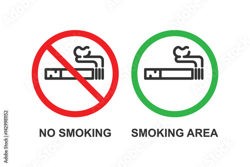 No smoking and smoking area sign set. Forbidden sign icon isolated on white background vector illustration. Cigarette, vape in prohibition circle and green allowed area.