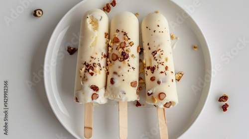 Fototapeta Naklejka Na Ścianę i Meble -  Top down image of Indian kulfi sticks white ceramic plate over plain white background Rich creamy frozen milk based dessert with dry fruits and Indian spices 