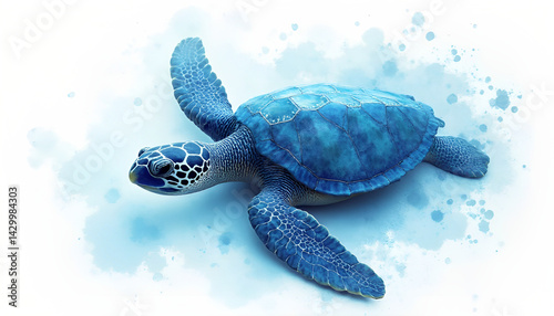 A stunning watercolor artwork sea turtle swimming through a minimalistic blue wash background