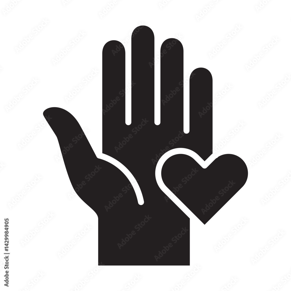 Obraz premium Palm hand with heart love symbol on it icon. Donation and charity icon. Symbol of fundraising, compassion, philanthropy, giving, care, humanity. Vector illustration.