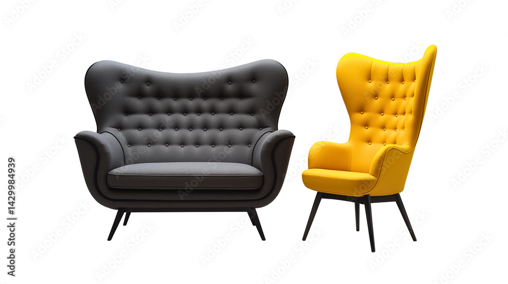 Fototapeta premium A high-back contemporary grey wool sofa paired with a mustard yellow art deco-style chair, 