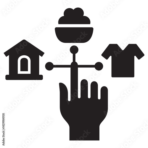 Hand click on food house or cloth, to donate icon. Donation and charity icon. Symbol of fundraising, compassion, philanthropy, giving, care, humanity. Vector illustration.