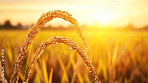 A single blade of rice grass with dew drops shining in golden dawn light, exuding morning freshness