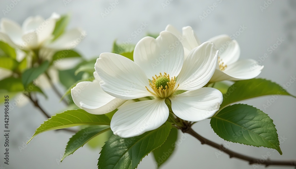 Obraz premium The softly blossoming white dogwood blossoms are surrounded by verdant vegetation and rest against a pure white background.