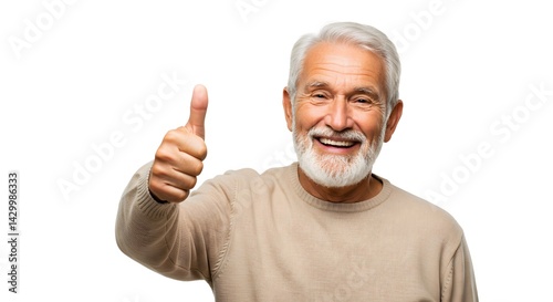 Senior man giving thumbs up gesture while standing isolated