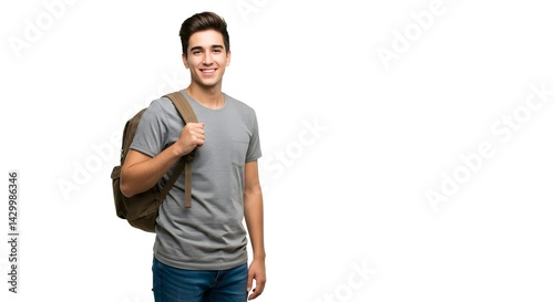 Young student wearing backpack standing against white background