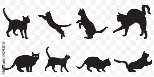 Set of silhouette cats in different poses. Isolated black cat on Transparent background. Vector illustration of elements for design decoration.cat vector silhouettes. EPS 10.