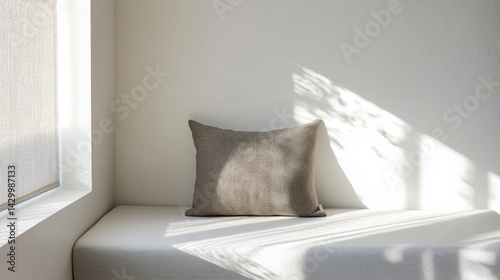 Close-up of a soft cushion in taupe on a bright white bed, framed by modern minimalist interior elements