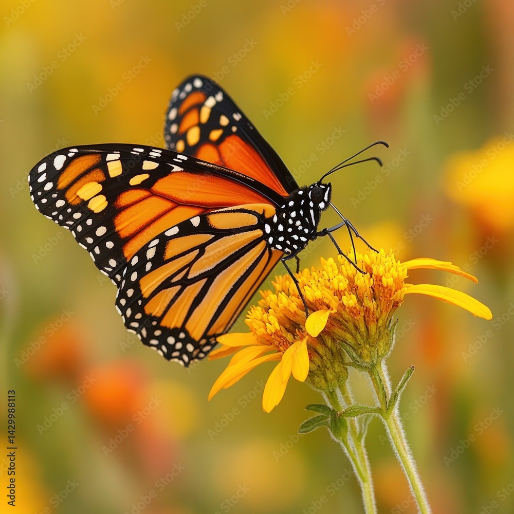 Monarch butterfly feeding on a flower. Vibrant orange and black wings on a golden flower meadow