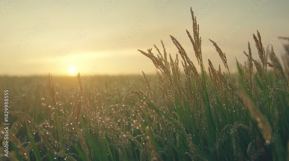 Fototapeta premium Fresh morning dew sparkling on green rice leaves with soft-focus mist hovering over the field